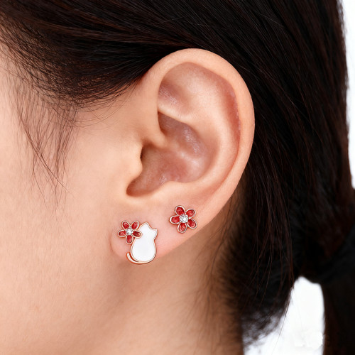【花間小貓】可愛貓咪花朵不對稱耳釘女小衆設計感甜美氣質小耳夾