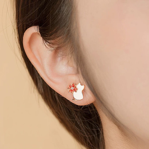 【花間小貓】可愛貓咪花朵不對稱耳釘女小衆設計感甜美氣質小耳夾
