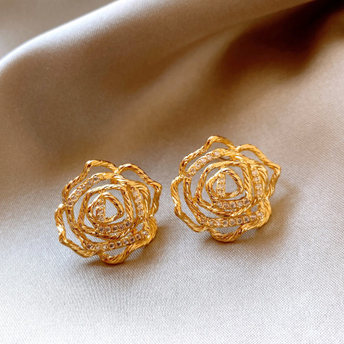金色扭紋鏤空花朵耳釘女高級感獨特漂亮耳飾2026新款爆款秋冬耳環