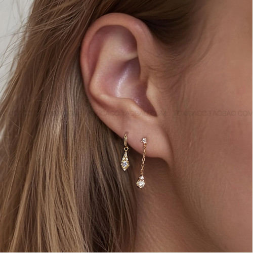 「朝露」TOXIC設計師款金色鑲鑽水滴925銀迷你精緻鏈條吊墜耳釘