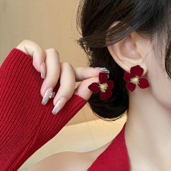 紅色花朵大耳環女輕奢高級感氣質大氣耳釘2026新款爆款巨好看耳飾