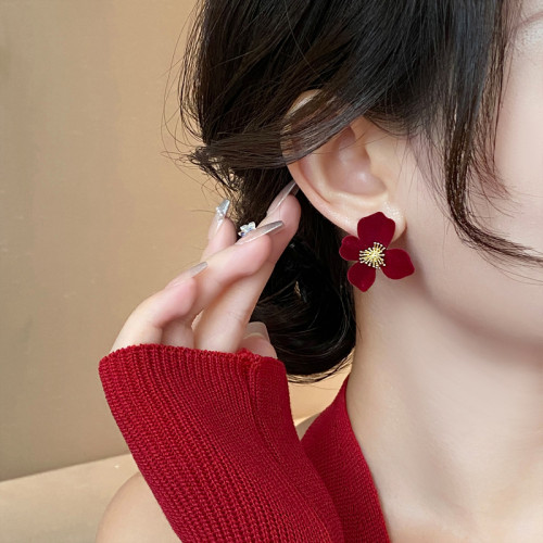 紅色花朵大耳環女輕奢高級感氣質大氣耳釘2026新款爆款巨好看耳飾