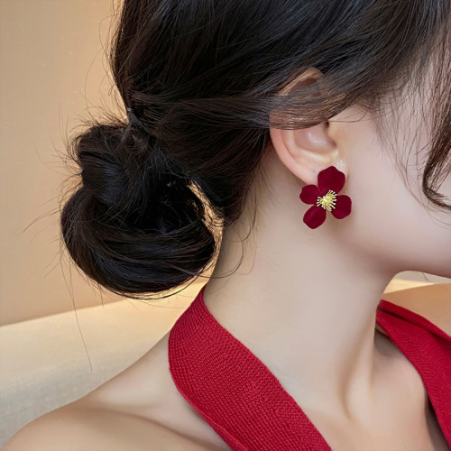 紅色花朵大耳環女輕奢高級感氣質大氣耳釘2026新款爆款巨好看耳飾