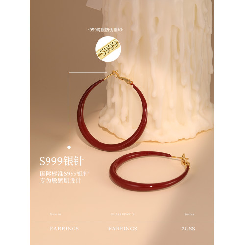 紅色港風圈圈耳圈2026新款爆款高級感大圓圈復古素圈耳環耳夾女