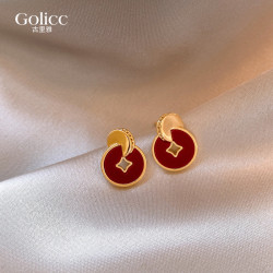 紅色新年錢幣耳釘女輕奢高級感氣質大氣耳環2026新年巨好看耳飾品