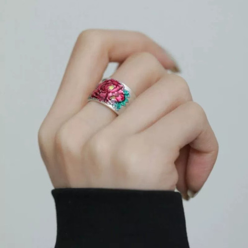 925銀復古新中式琺瑯滴釉牡丹花戒指環開口調節女民族風小衆設計