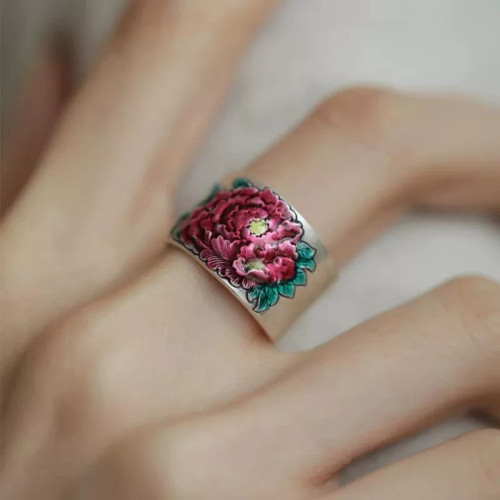 925銀復古新中式琺瑯滴釉牡丹花戒指環開口調節女民族風小衆設計