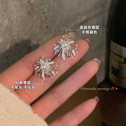 閃鋯銀白色珍珠菸花耳釘女輕奢高級感小衆設計耳環巨好看漂亮耳飾