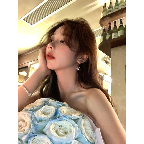 韓系閃鋯雪花流蘇耳環女輕奢小衆高級感耳釘超仙絕美巨好看耳飾