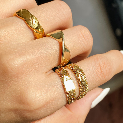 DOUDOU不掉色鈦鋼冷淡風菱格戒指設計金屬復古情侶對戒網紅男女