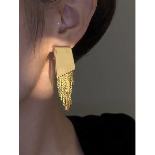 幾何不規則金屬方塊流蘇925銀針耳環新款時尚個性小衆高級感耳飾