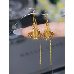 925銀針長款咖色貓眼石銀杏葉耳線氣質高級感耳環顯臉瘦輕奢耳飾