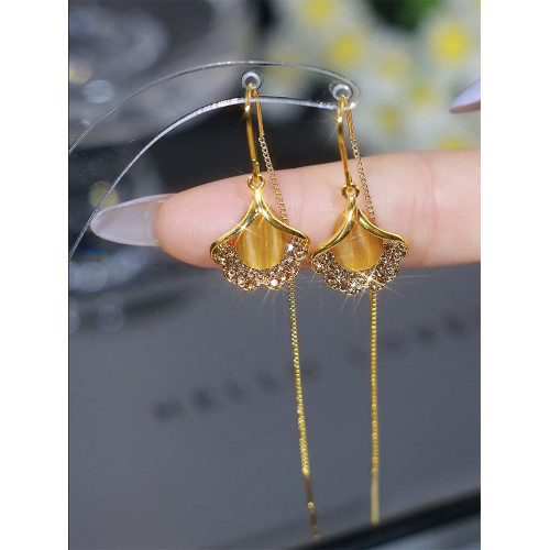 925銀針長款咖色貓眼石銀杏葉耳線氣質高級感耳環顯臉瘦輕奢耳飾 925銀針長款咖色貓眼石銀杏葉耳線氣質高級感耳環顯臉瘦輕奢耳飾