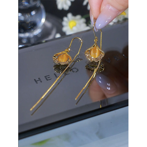 925銀針長款咖色貓眼石銀杏葉耳線氣質高級感耳環顯臉瘦輕奢耳飾 925銀針長款咖色貓眼石銀杏葉耳線氣質高級感耳環顯臉瘦輕奢耳飾