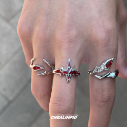 CHEALIMPID/.十字架不規則血紅溶液戒指街頭嘻哈潮流開口小衆男女