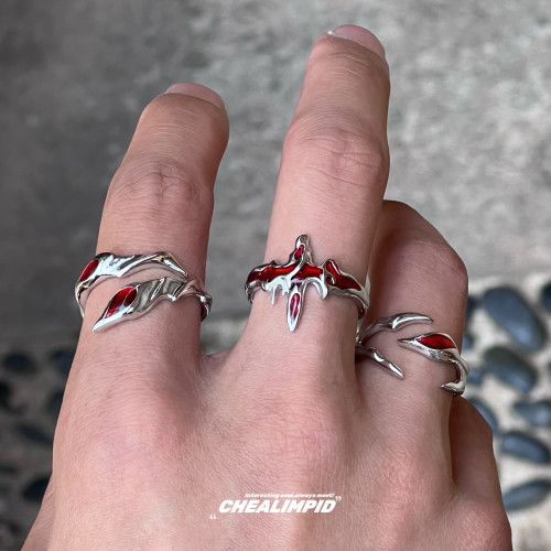 CHEALIMPID/.十字架不規則血紅溶液戒指街頭嘻哈潮流開口小衆男女