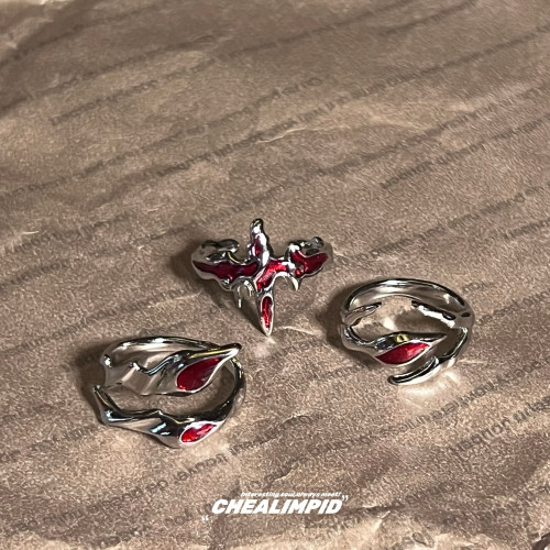 CHEALIMPID/.十字架不規則血紅溶液戒指街頭嘻哈潮流開口小衆男女