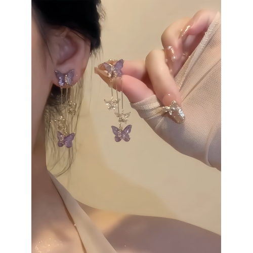 「翩然起舞」重工款紫色蝴蝶925銀耳環女溫柔無耳洞蚊香盤耳夾