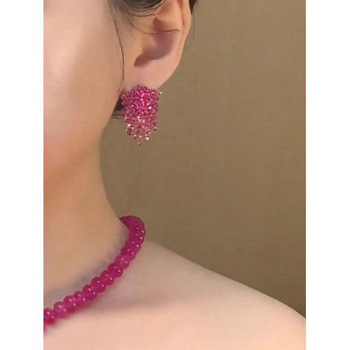 紫紅色水晶流蘇耳環氣質輕奢甜美小清新耳飾2025新款爆款耳釘銀針