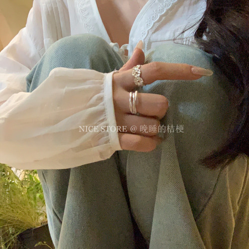 晚睡的桔梗「池荷泠」復古多圈開口素戒指女高級感食指戒曡戴指環