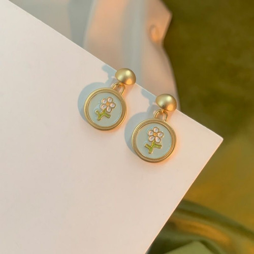 溫柔法式復古滴釉花朵圓牌吊墜耳環輕奢高級感氣質優雅耳飾耳夾女