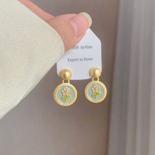 溫柔法式復古滴釉花朵圓牌吊墜耳環輕奢高級感氣質優雅耳飾耳夾女