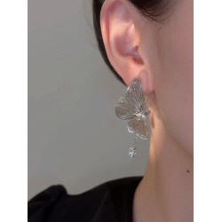 鏤空立體銀色蝴蝶吊墜耳環氣質個性設計感長款流蘇耳飾銀針耳釘女