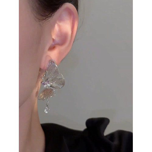 鏤空立體銀色蝴蝶吊墜耳環氣質個性設計感長款流蘇耳飾銀針耳釘女 鏤空立體銀色蝴蝶吊墜耳環氣質個性設計感長款流蘇耳飾銀針耳釘女