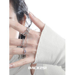 小衆鏈條雙指開口戒指女個性ins冷淡風簡約甜酷潮流錫紙紋理指環