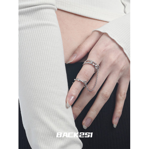 小衆鏈條雙指開口戒指女個性ins冷淡風簡約甜酷潮流錫紙紋理指環