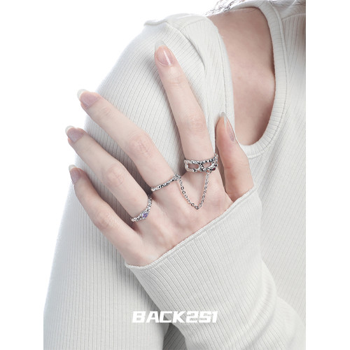 小衆鏈條雙指開口戒指女個性ins冷淡風簡約甜酷潮流錫紙紋理指環