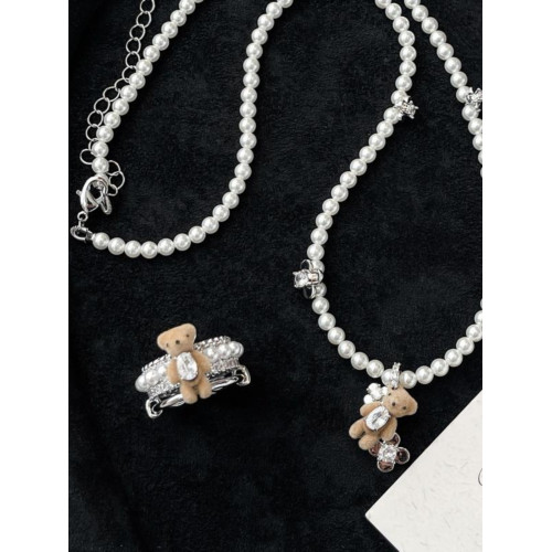 高品質~植物小熊珍珠戒指女套裝珍珠項鍊高級感小衆輕奢