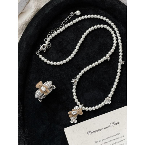 高品質~植物小熊珍珠戒指女套裝珍珠項鍊高級感小衆輕奢