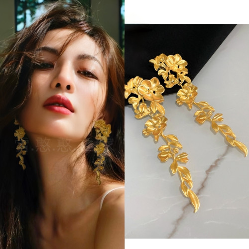 鍾楚曦同款耳環金色花朵流蘇新中式高級感誇張耳墜耳飾耳夾耳釘女