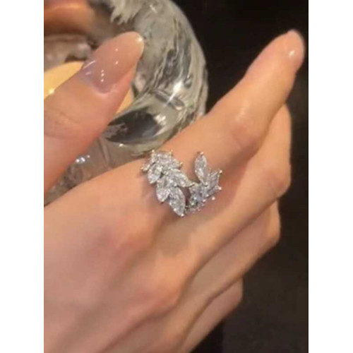 高級感超閃鋯石樹葉開口戒指輕奢小衆設計簡約氣質冷淡風時尚指環