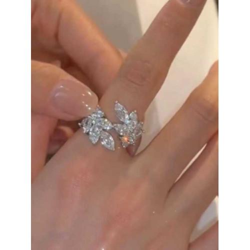 高級感超閃鋯石樹葉開口戒指輕奢小衆設計簡約氣質冷淡風時尚指環