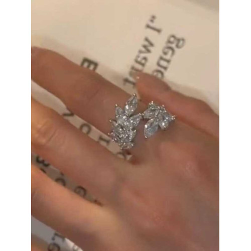 高級感超閃鋯石樹葉開口戒指輕奢小衆設計簡約氣質冷淡風時尚指環