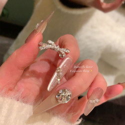 韓系ins~滿鑽立體蝴蝶結開口戒輕奢高級感戒指小衆設計食指戒指環