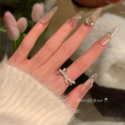 韓系ins~滿鑽立體蝴蝶結開口戒輕奢高級感戒指小衆設計食指戒指環