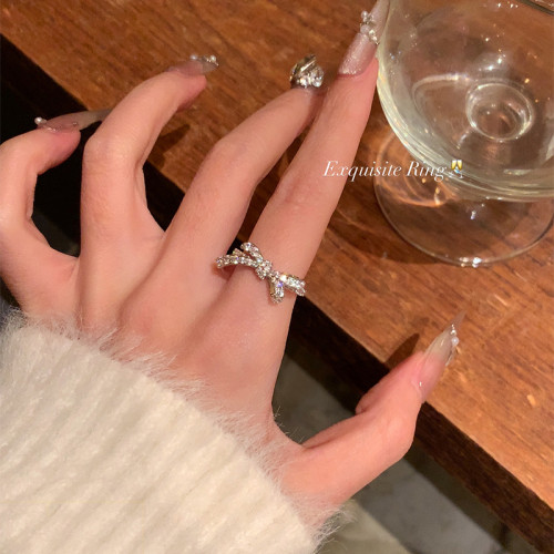 韓系ins~滿鑽立體蝴蝶結開口戒輕奢高級感戒指小衆設計食指戒指環