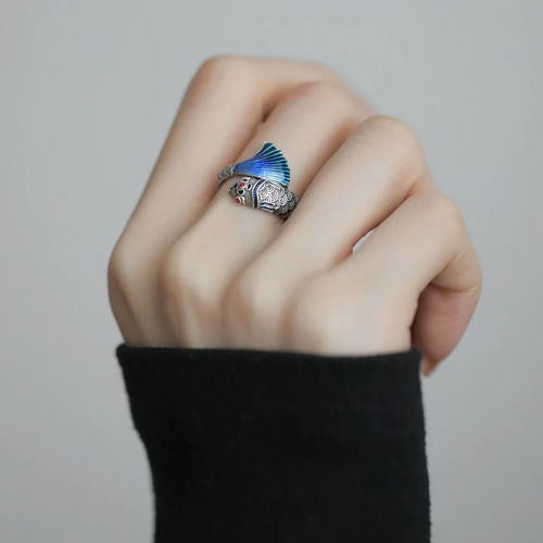 925銀復古新中式大魚海棠好運錦鯉戒指環開口調節民族風女高級感 925銀復古新中式大魚海棠好運錦鯉戒指環開口調節民族風女高級感