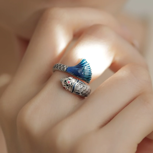 925銀復古新中式大魚海棠好運錦鯉戒指環開口調節民族風女高級感 925銀復古新中式大魚海棠好運錦鯉戒指環開口調節民族風女高級感