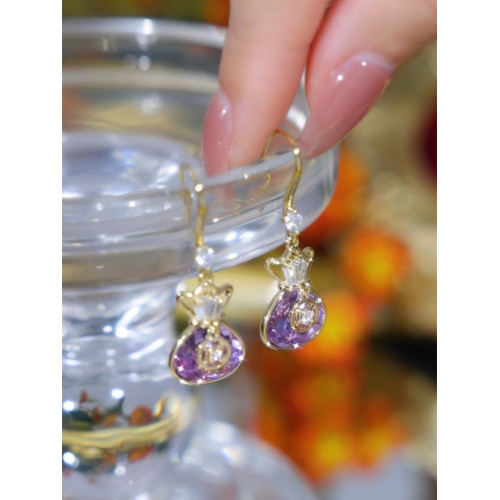 紫色招財耳鉤款錢袋耳環女經典閃亮設計感網紅百搭耳飾2023新款潮
