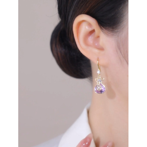 紫色招財耳鉤款錢袋耳環女經典閃亮設計感網紅百搭耳飾2023新款潮
