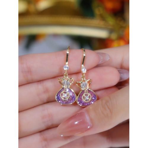 紫色招財耳鉤款錢袋耳環女經典閃亮設計感網紅百搭耳飾2023新款潮