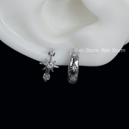 Rain Storm閃鑽芒星不對稱耳圈小衆氣質冷淡風耳釦百搭曡戴耳環女