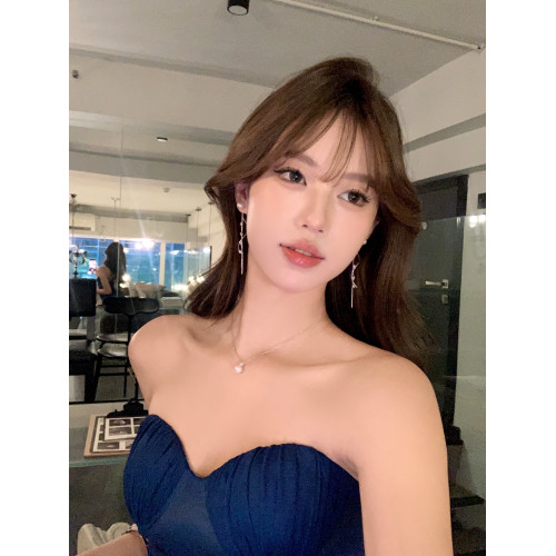 【蜜桃茶】微甜少女 閃亮樹葉珍珠耳環長流蘇高級設計感耳墜耳飾