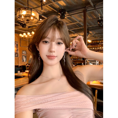 【蜜桃茶】微甜少女 閃亮樹葉珍珠耳環長流蘇高級設計感耳墜耳飾