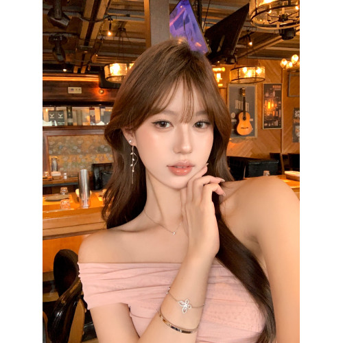 【蜜桃茶】微甜少女 閃亮樹葉珍珠耳環長流蘇高級設計感耳墜耳飾