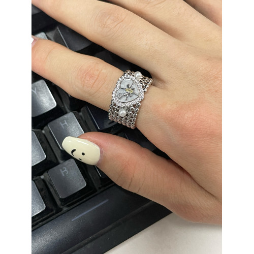 愛心寬版簡約珍珠六芒星個性開口可調節食指戒指女高級感設計戒指